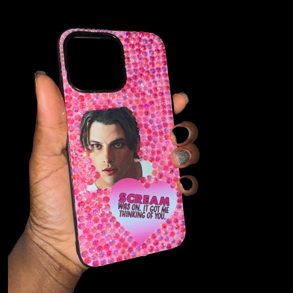 iPhone 15 pro max pink jewelled scream cas billy loomis